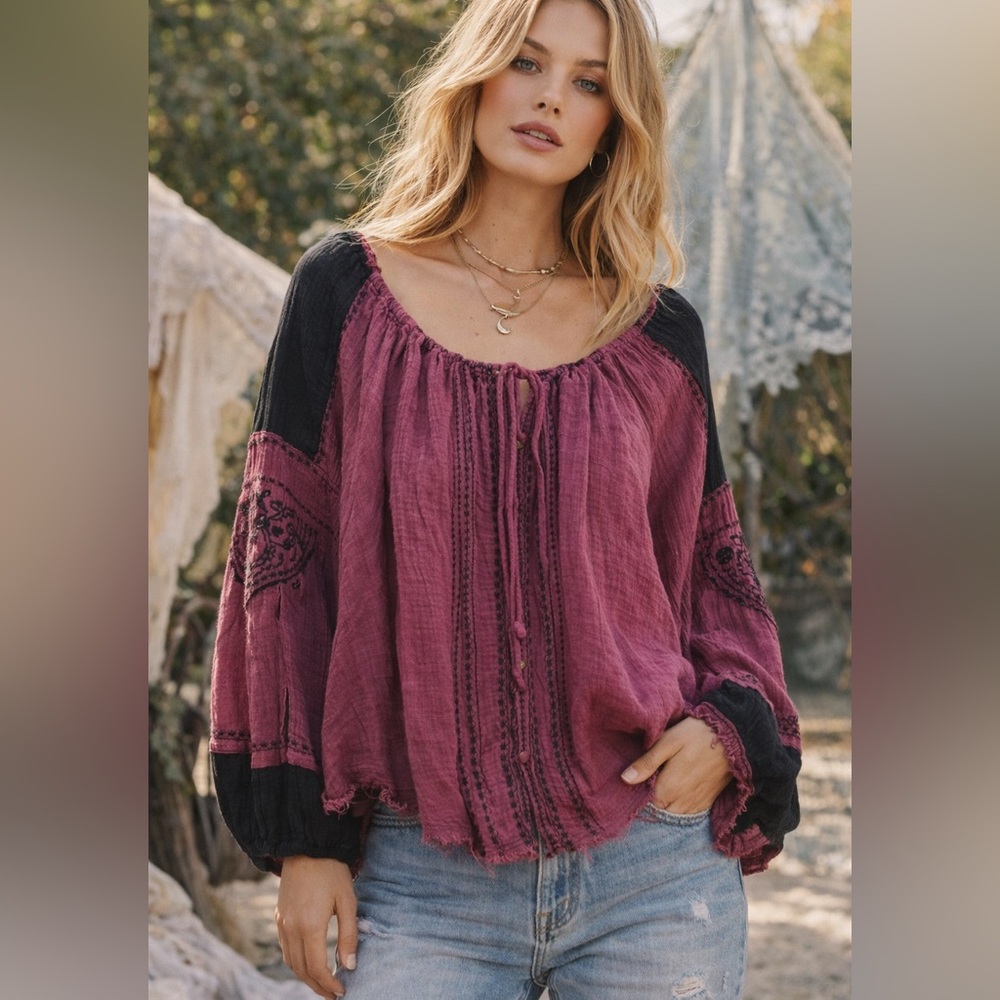 Woven Peasant Blouse - Plum with Black Accents